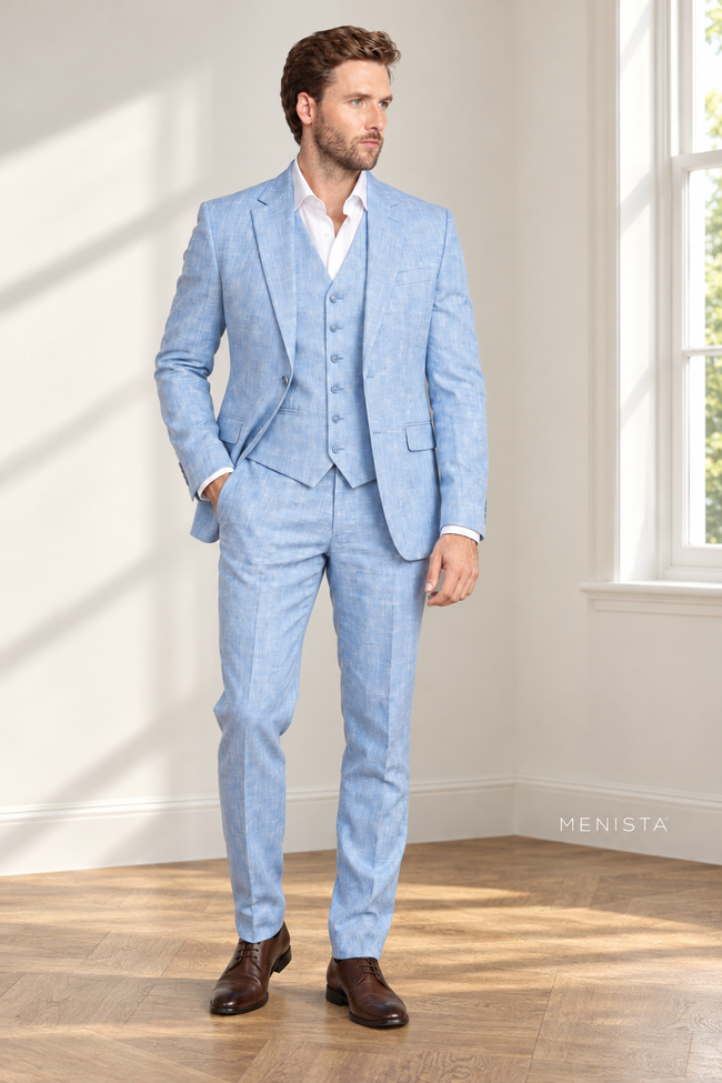 Azzurro Sky Blue 100% Linen 3PC Suit — full-body front view