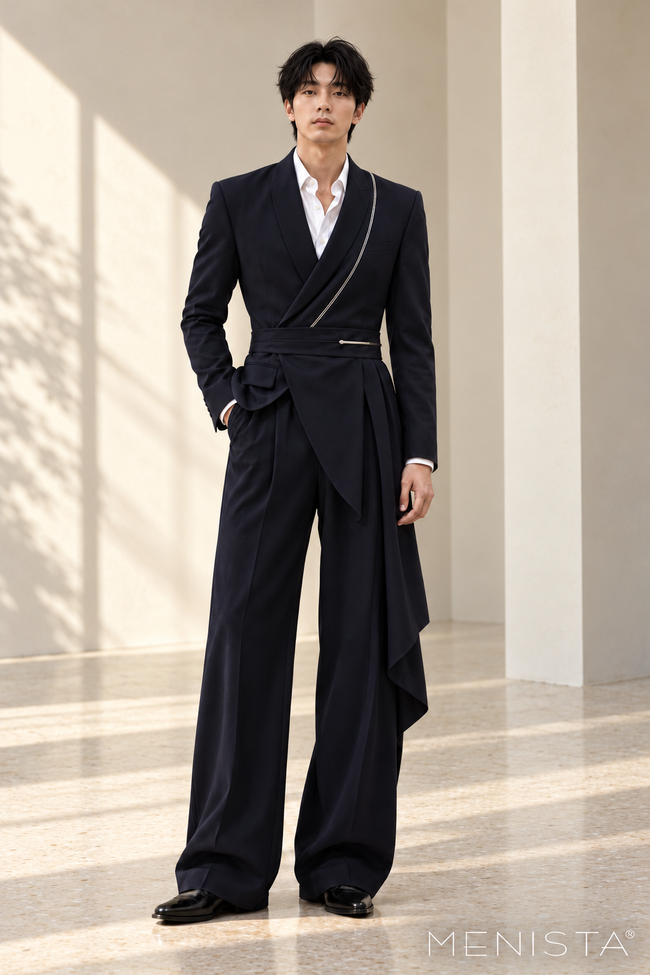 Ciro Midnight Navy Silver-Trim Draped 2PC Suit - full-body front view
