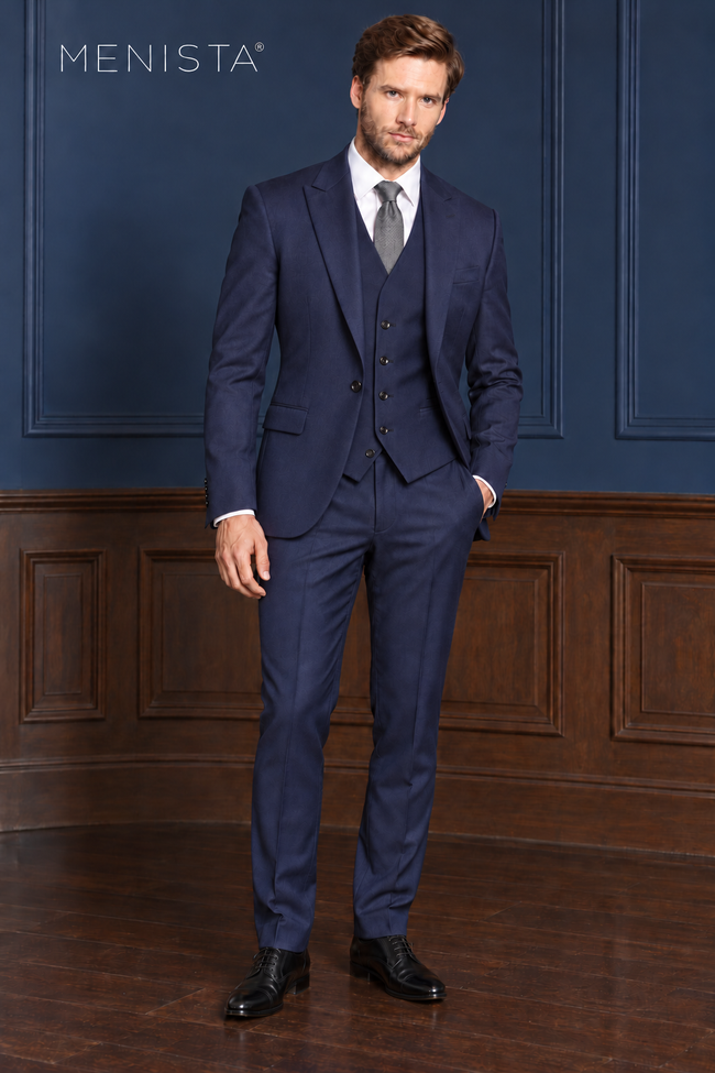 Lennox deep navy three-piece suit with a single-button notch-lapel jacket and five-button waistcoat, full front view.