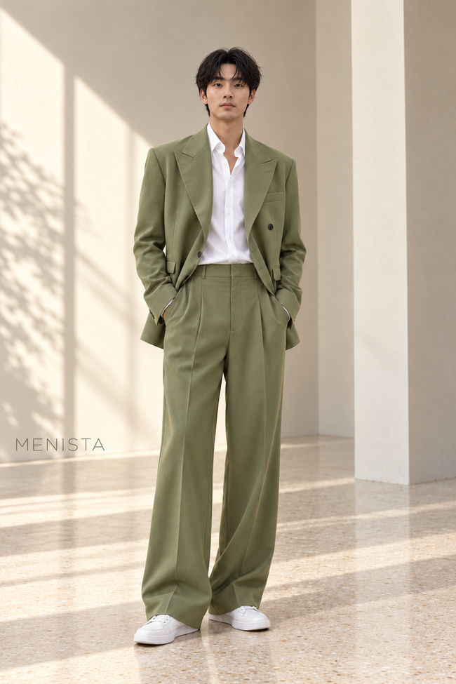 Iver Olive Green Relaxed Double-Breasted 2PC Suit - full-body front view