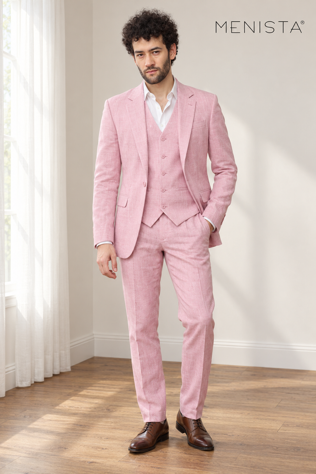 Rosato Cherry Blossom Pink 100% Linen 3PC Suit — full-body front view