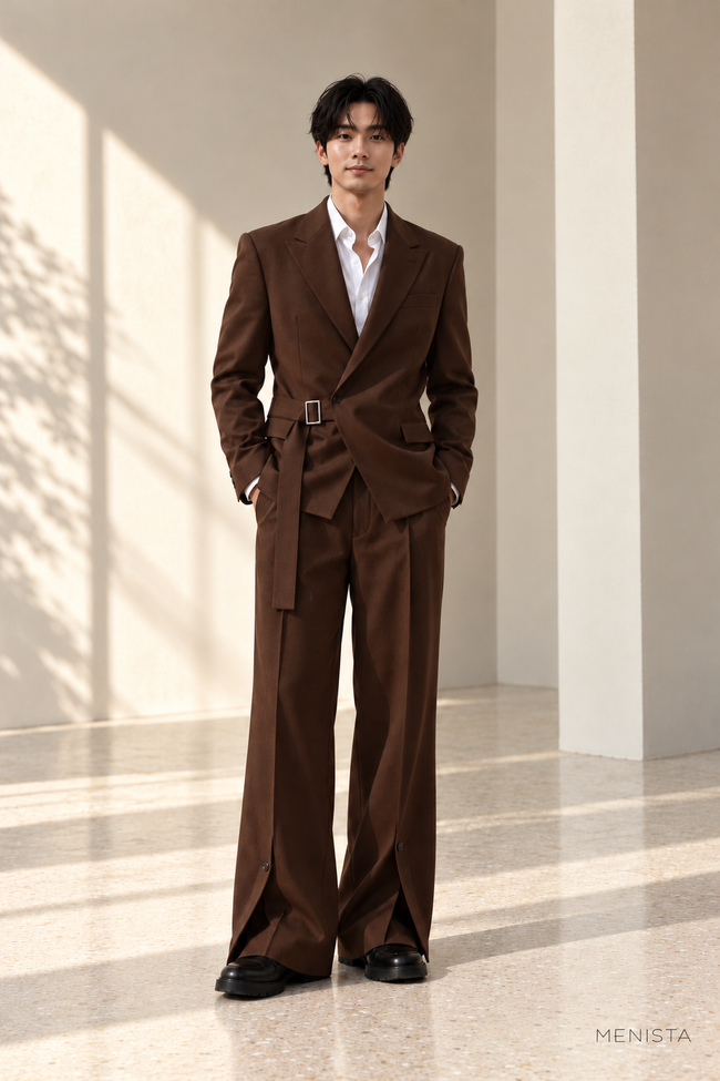 Marek Chocolate Brown Buckle-Wrap Wide-Leg 2PC Suit - full-body front view