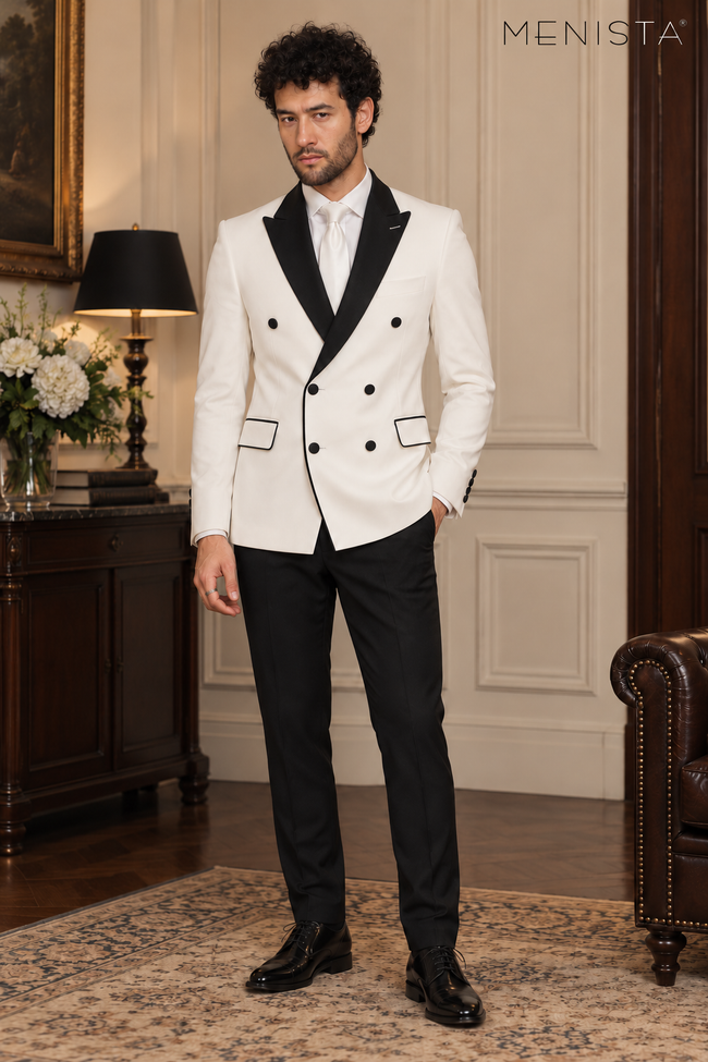 Front view of Menista white double-breasted tuxedo with black peak lapels, black piping and black trousers.