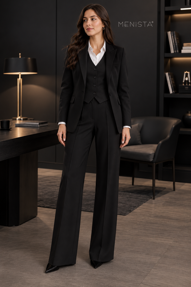 Full front view of women’s black jacket with pointed peak lapels, four-button waistcoat and matching wide-leg trousers.