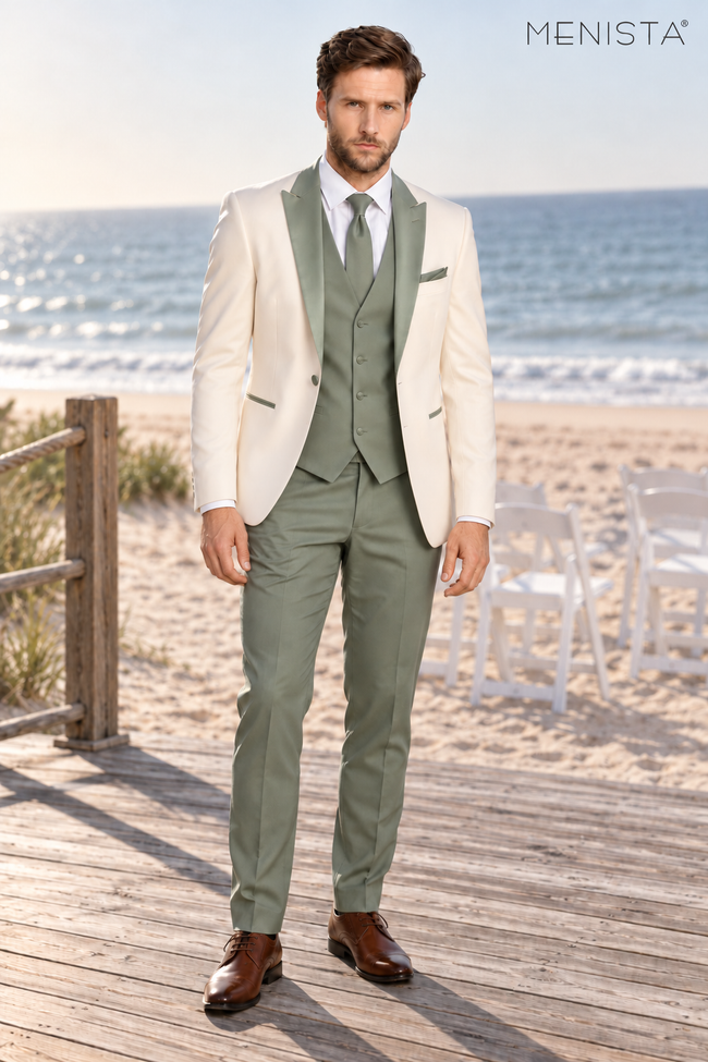 Front view of Menista ivory and sage green three-piece suit with peak lapels, four-button waistcoat and sage trousers.