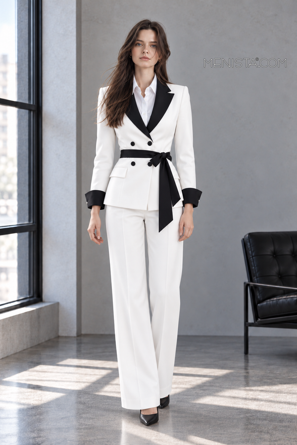 Aveline women’s white and black 2-piece suit, full-body front view.