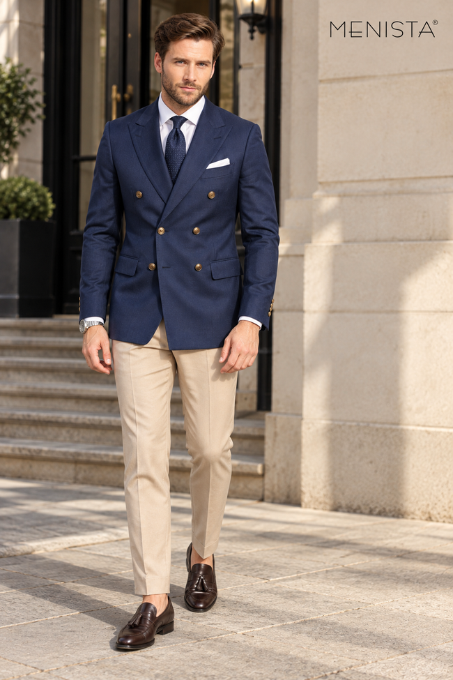 Full front view of Menista navy double-breasted blazer with six brass-toned buttons and beige trousers.