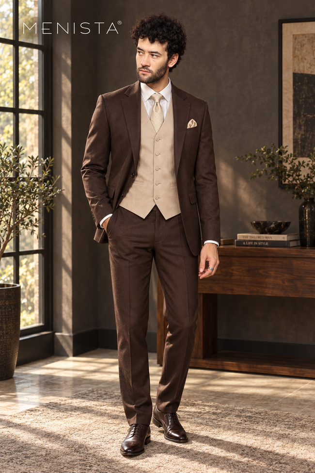 Full front view of Menista dark brown three-piece suit with a five-button beige waistcoat.