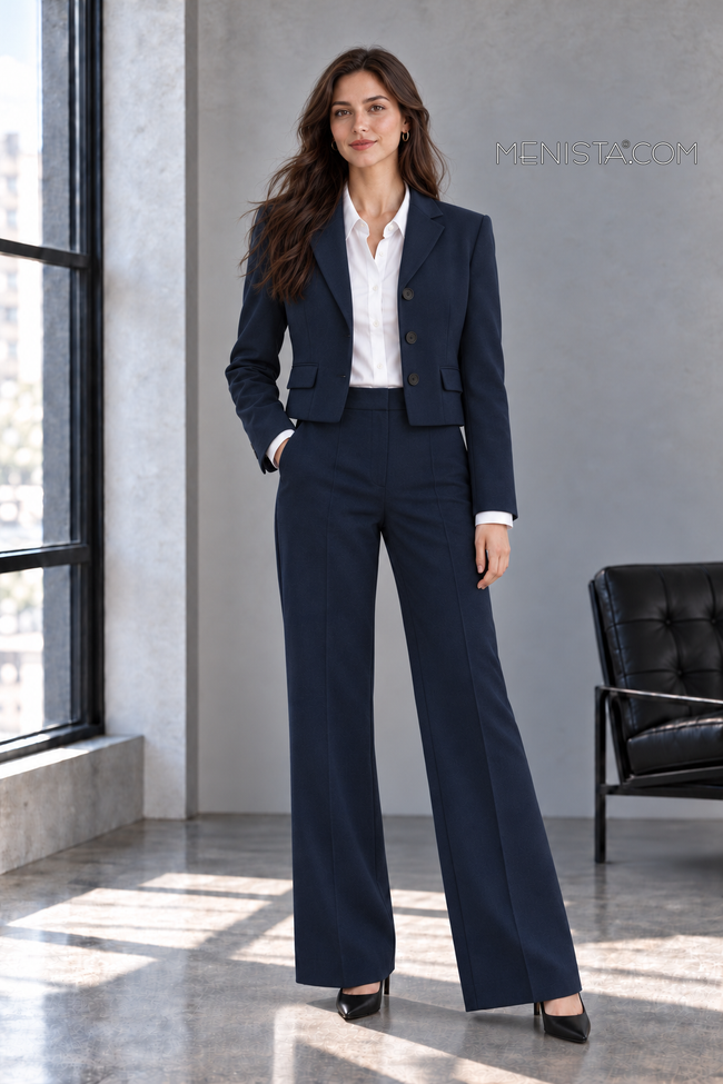 Calista women’s navy 2-piece suit, full-body front view.