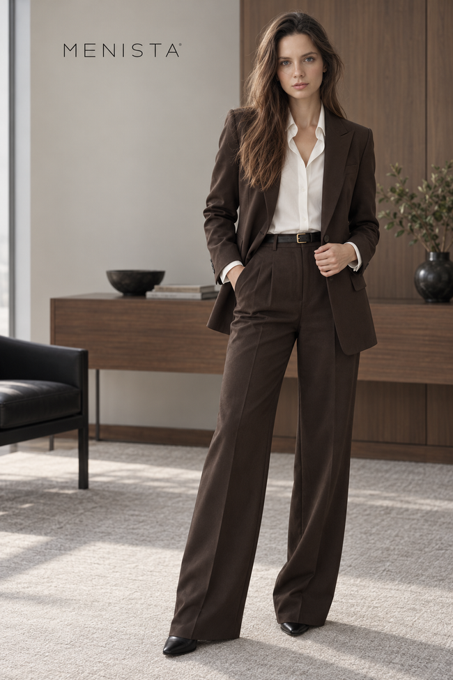 Sofia wearing Menista women’s chocolate-brown two-piece suit with a long blazer with pointed peak lapels and pleated trousers.