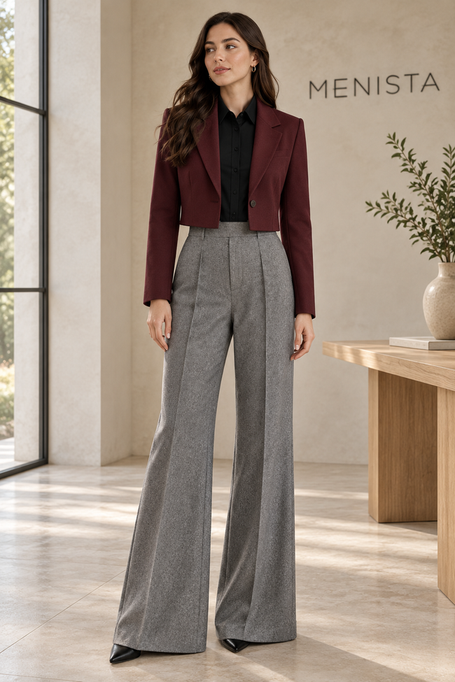 Full front view of women’s burgundy cropped jacket and grey melange wide-leg trouser set.