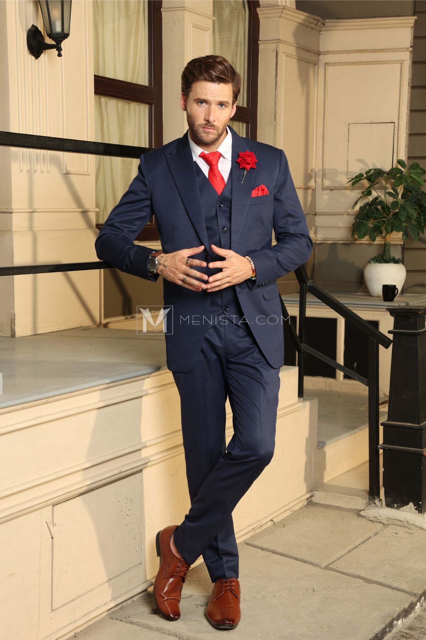 Menista Men's Navy Blue Single-Breasted Suit Slim Fit Wedding & Form Menista Men's Navy Blue Single-Breasted Suit Slim Fit Wedding & Form