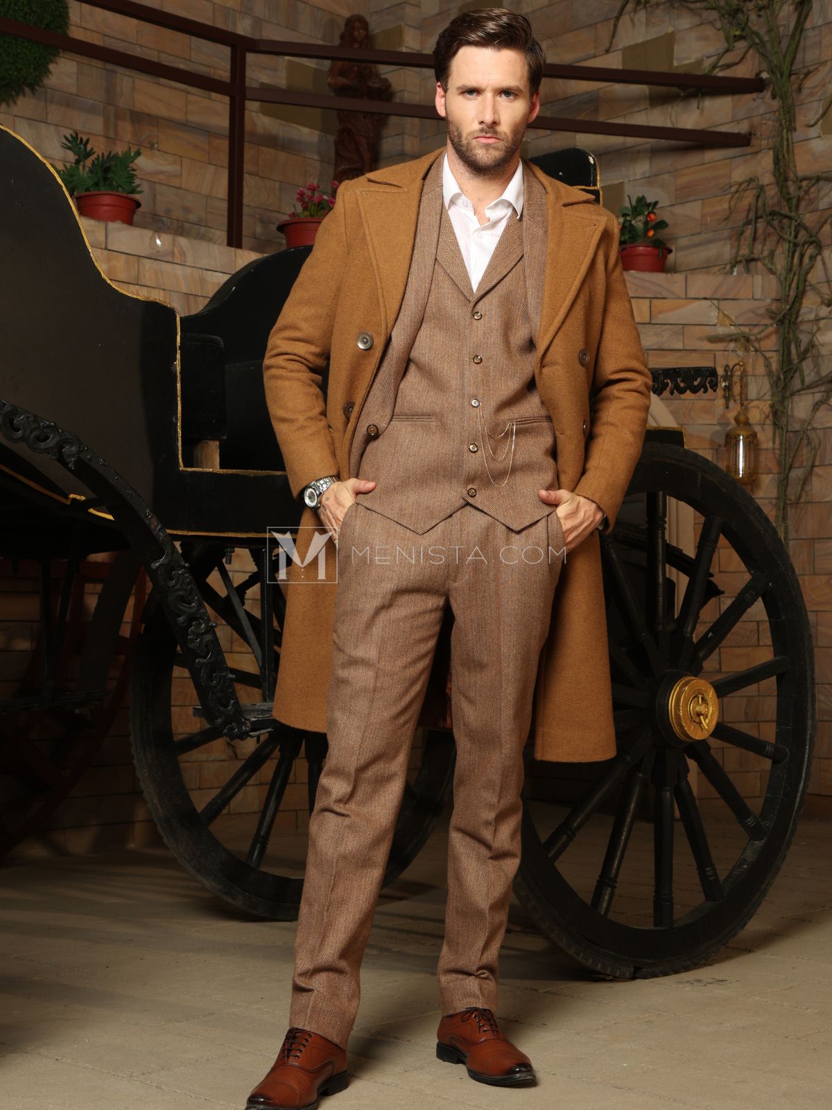 Brown Men's Long Coat by Menista - Classic Tailored Fit for Refined St Brown Men's Long Coat by Menista - Classic Tailored Fit for Refined St