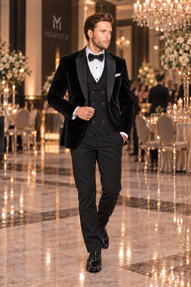 Lucien Black Velvet Peak Lapel 3PC Tuxedo