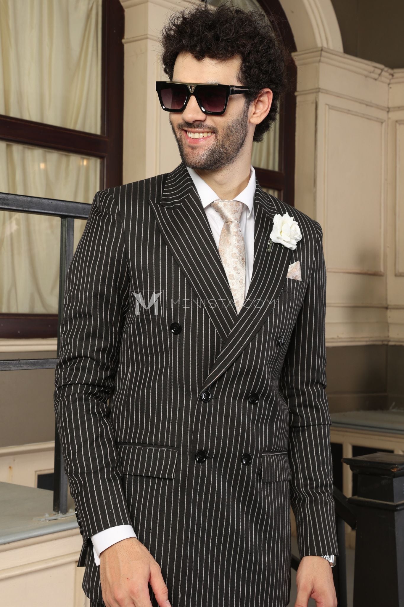 Classic Black Pinstripe 2-Piece Suit by Menista – Double-Breasted, Vintage-Inspired Men's Suit