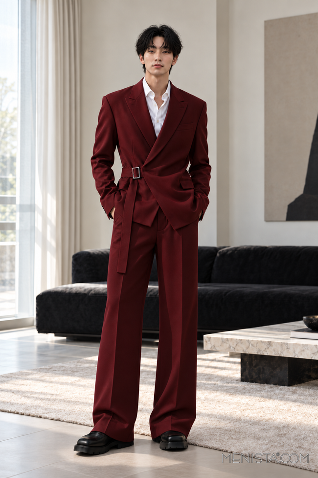 Kevin wearing the Dacian burgundy buckle-wrap suit with plain straight-leg trousers and a subtle smile, full-body front view.