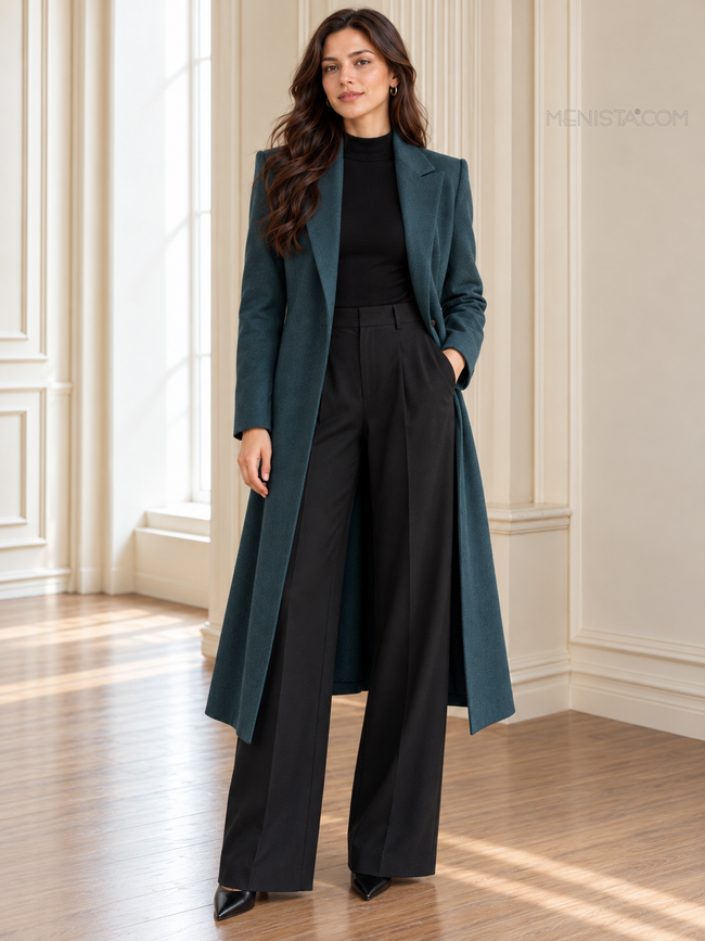 Deep teal women’s tweed long coat with notch lapels, full-body front view on Rose.