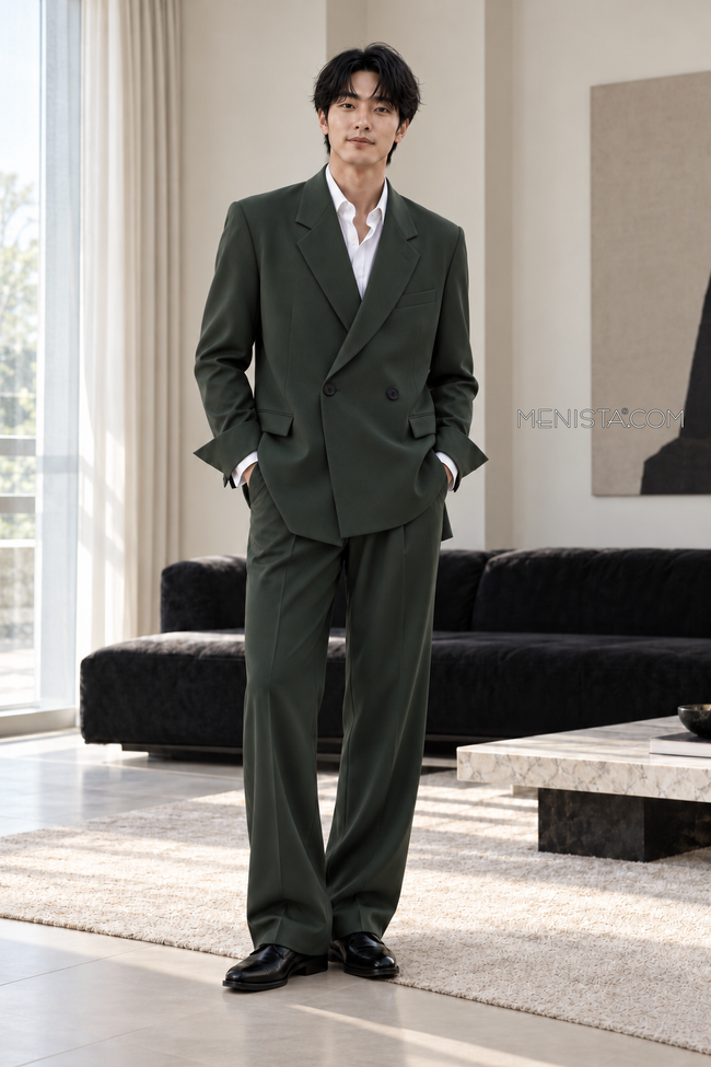 Isandro Forest Green Wrap-Front 2PC Suit - full-body front view