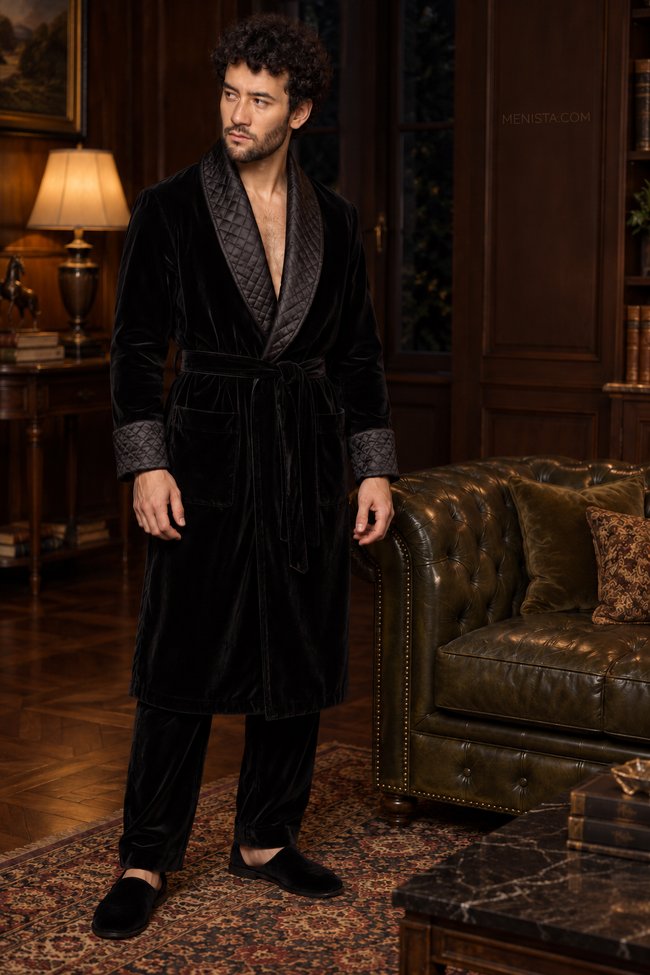 Elmsworth Black Velvet Quilted Shawl Smoking Robe — full front, below-knee wrap silhouette and matching velvet belt