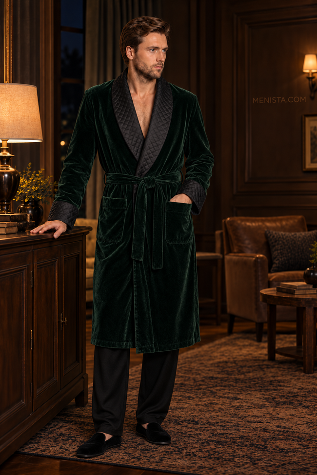 Elmsworth Dark Green Velvet Quilted Shawl Smoking Robe — full front, below-knee wrap silhouette and matching velvet belt