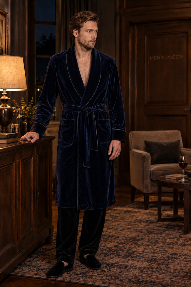 Delmont Dark Blue Velvet Piped Velvet Shawl Smoking Robe — full front, below-knee wrap silhouette and matching velvet belt