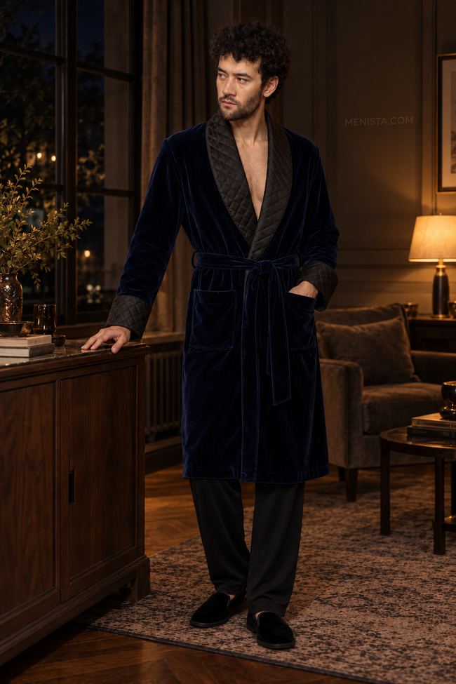 Elmsworth Dark Blue Velvet Quilted Shawl Smoking Robe — full front, below-knee wrap silhouette and matching velvet belt