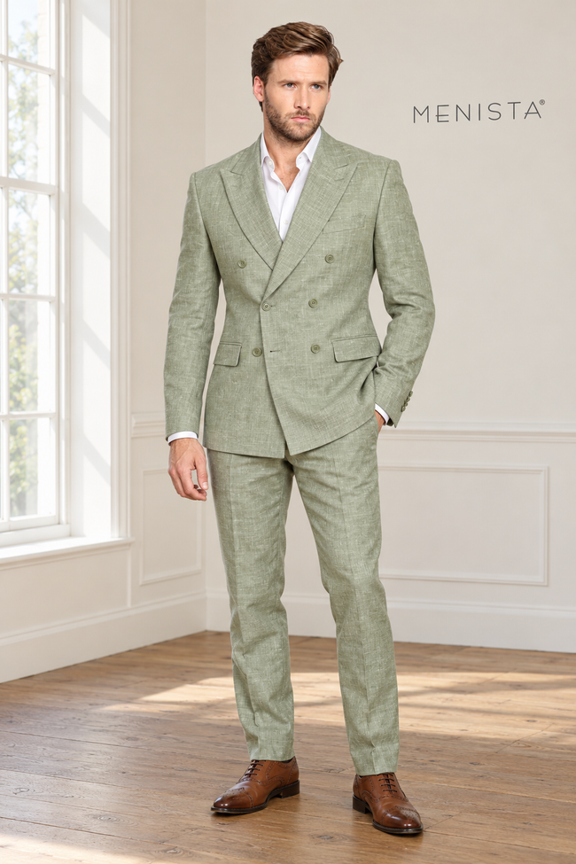 Salvia Sage Mist 100% Linen Double-Breasted 2PC Suit — full-body front view