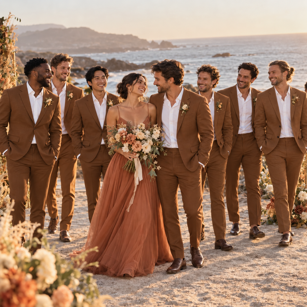 Wedding party wearing coordinated warm brown suits on a beach