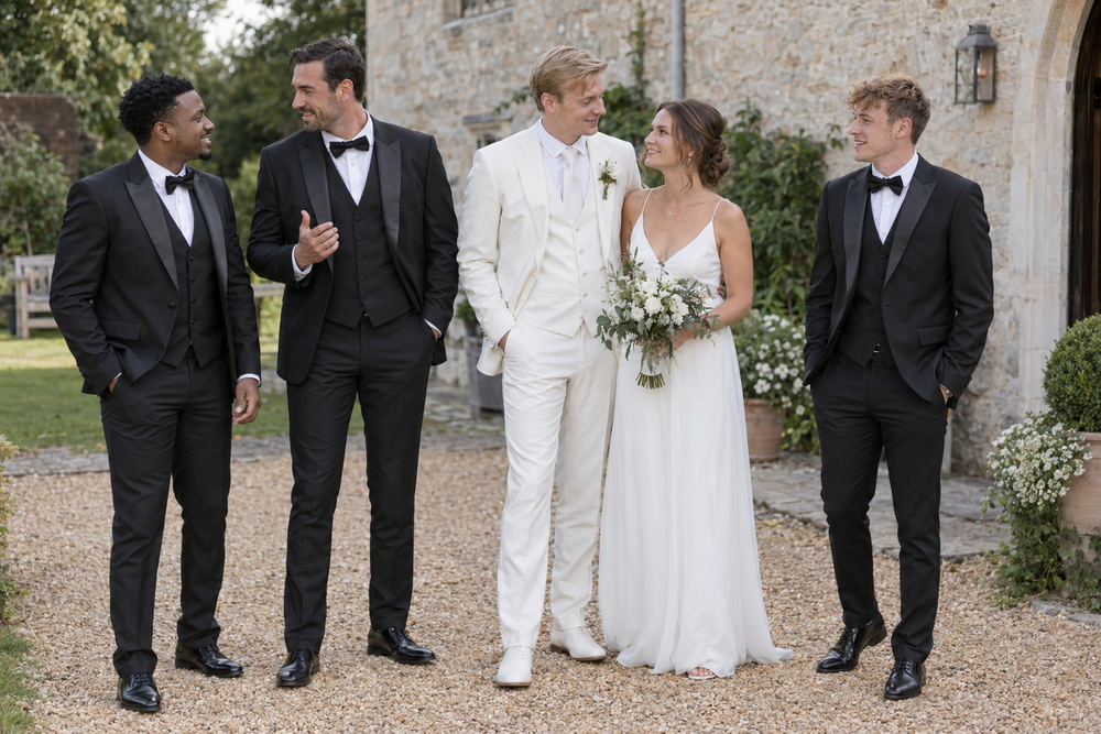 Groom in a white suit with his wedding party in black tuxedos
