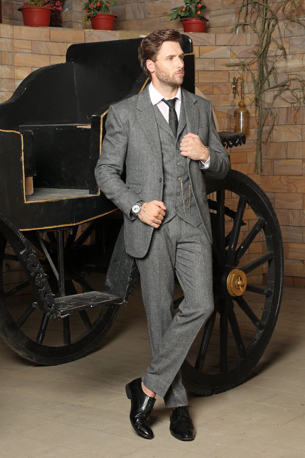Stroud Grey Herringbone Tweed Wool Blend 3PC Suit