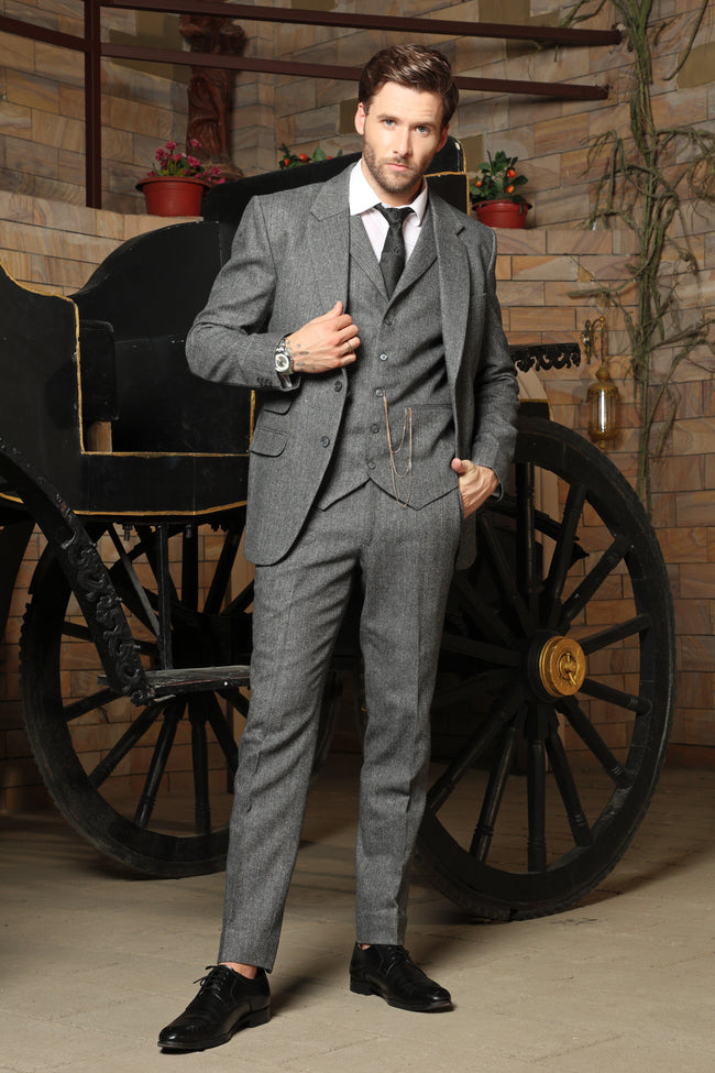 Stroud Grey Herringbone Tweed Wool Blend 3PC Suit