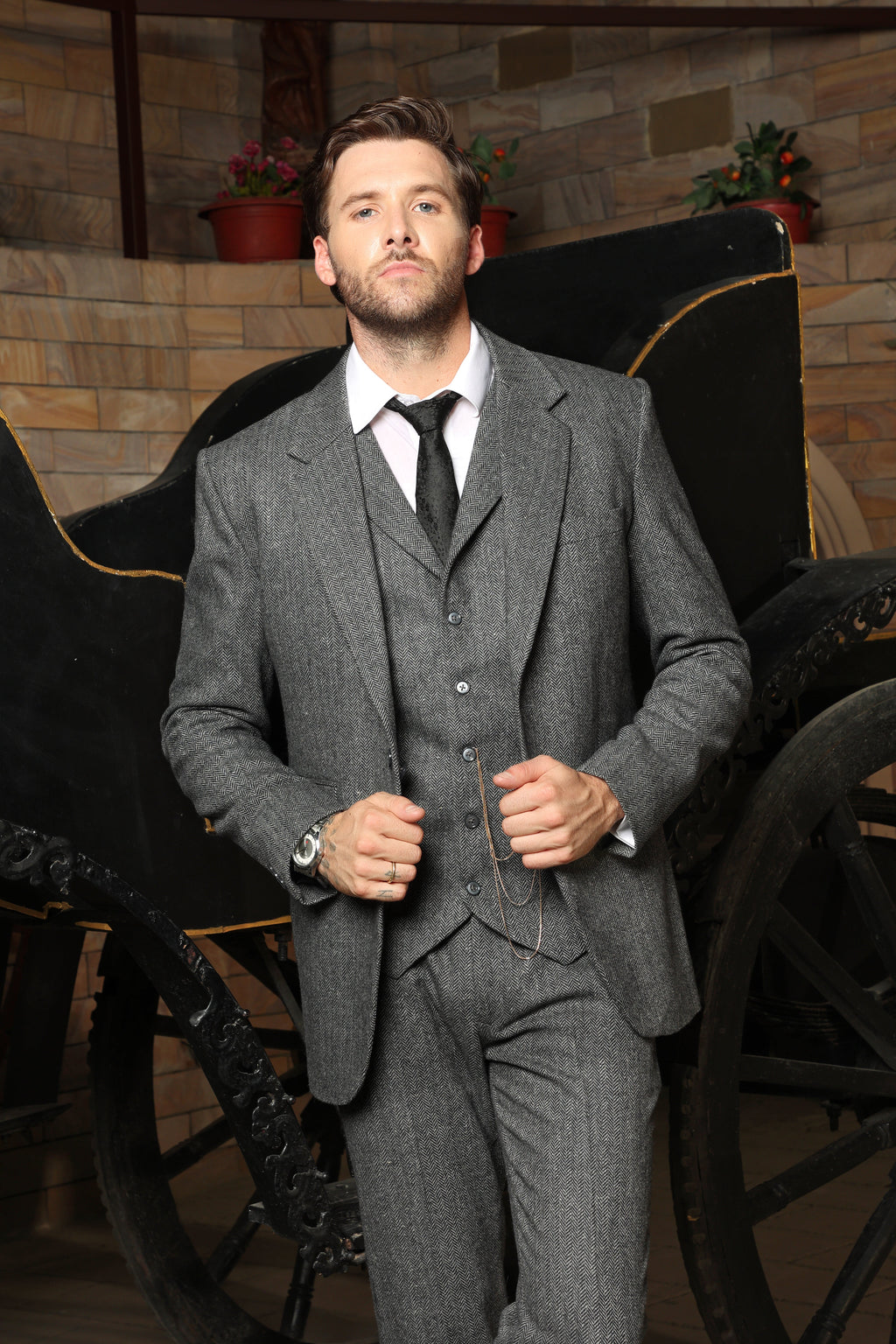 Stroud Grey Herringbone Tweed Wool Blend 3PC Suit