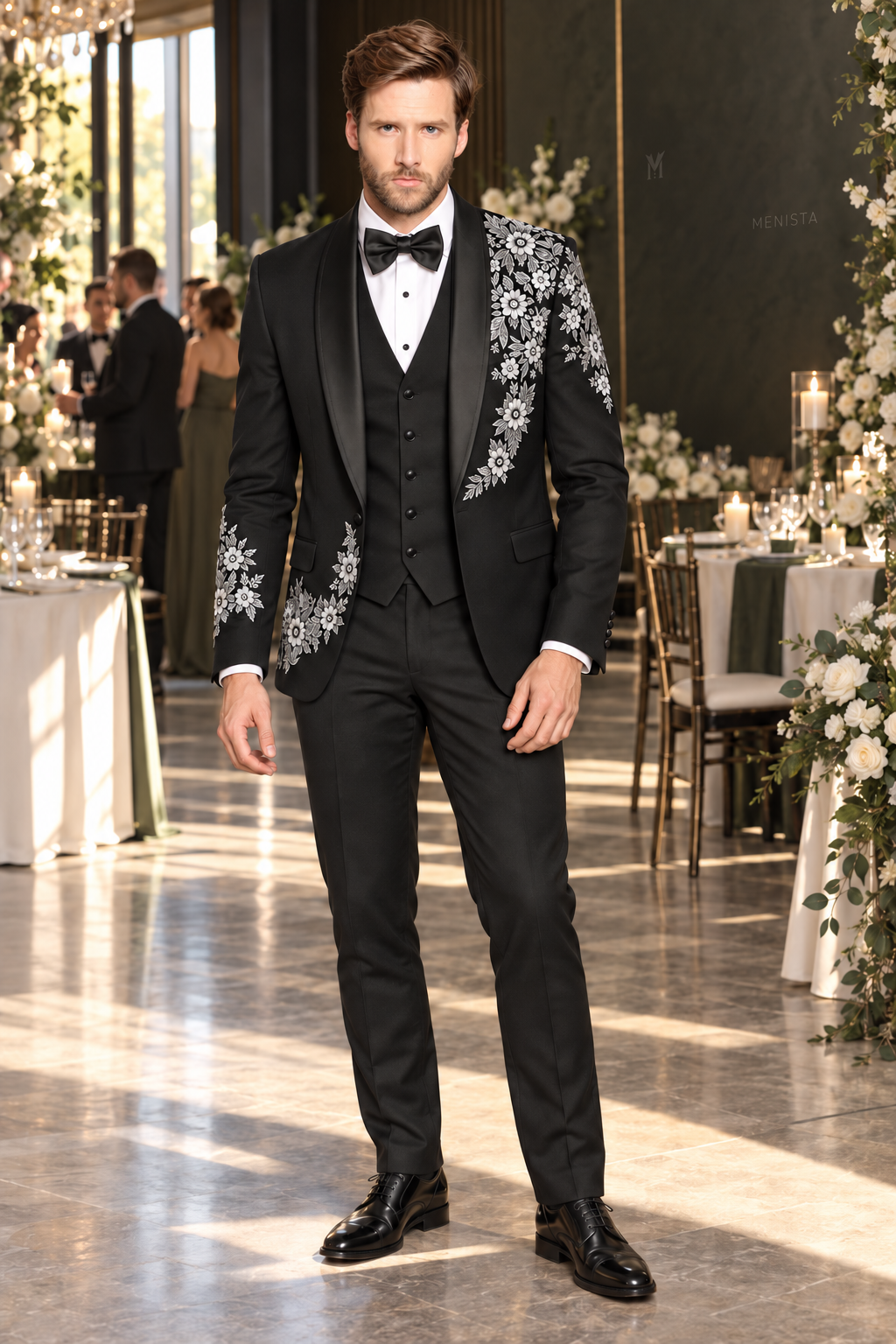 Alaric Black White Daisy Floral Embroidered 3PC Tuxedo