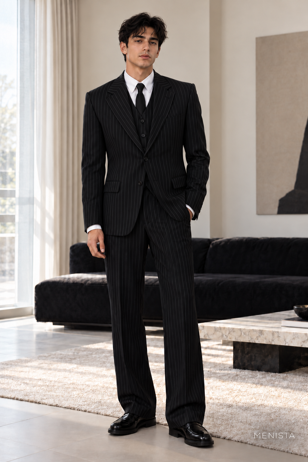Valerio Black Pinstripe 3PC Suit - full-body front view