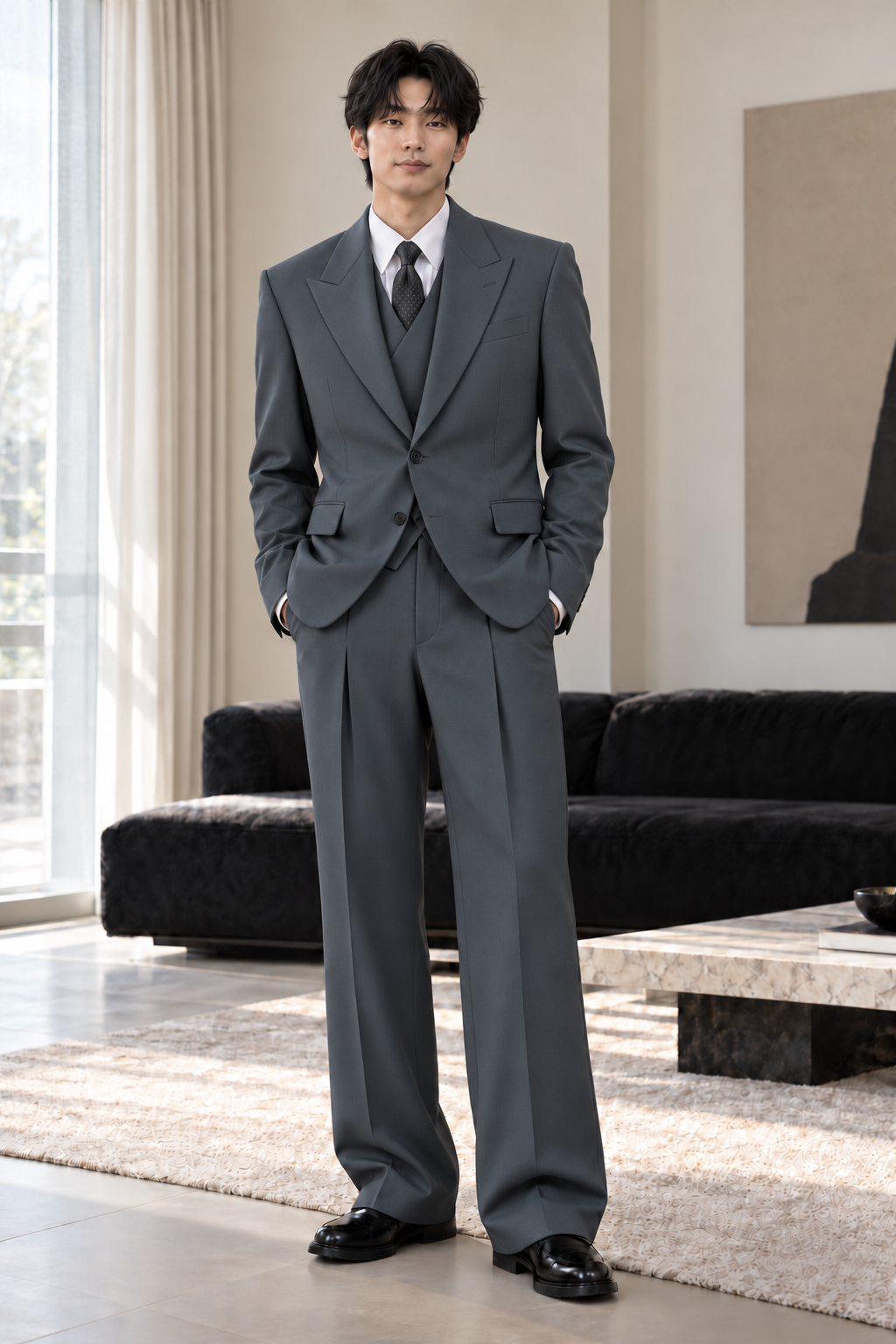 Theron Steel Grey Peak-Lapel 3PC Suit - full-body front view