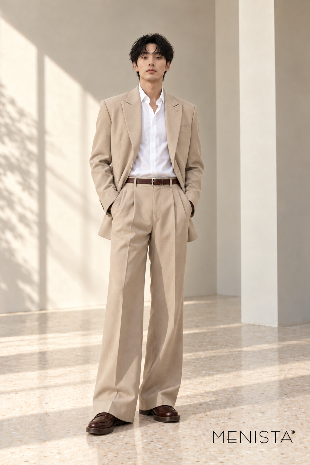 Ravello Beige Relaxed Wide-Leg 2PC Suit - full-body front view