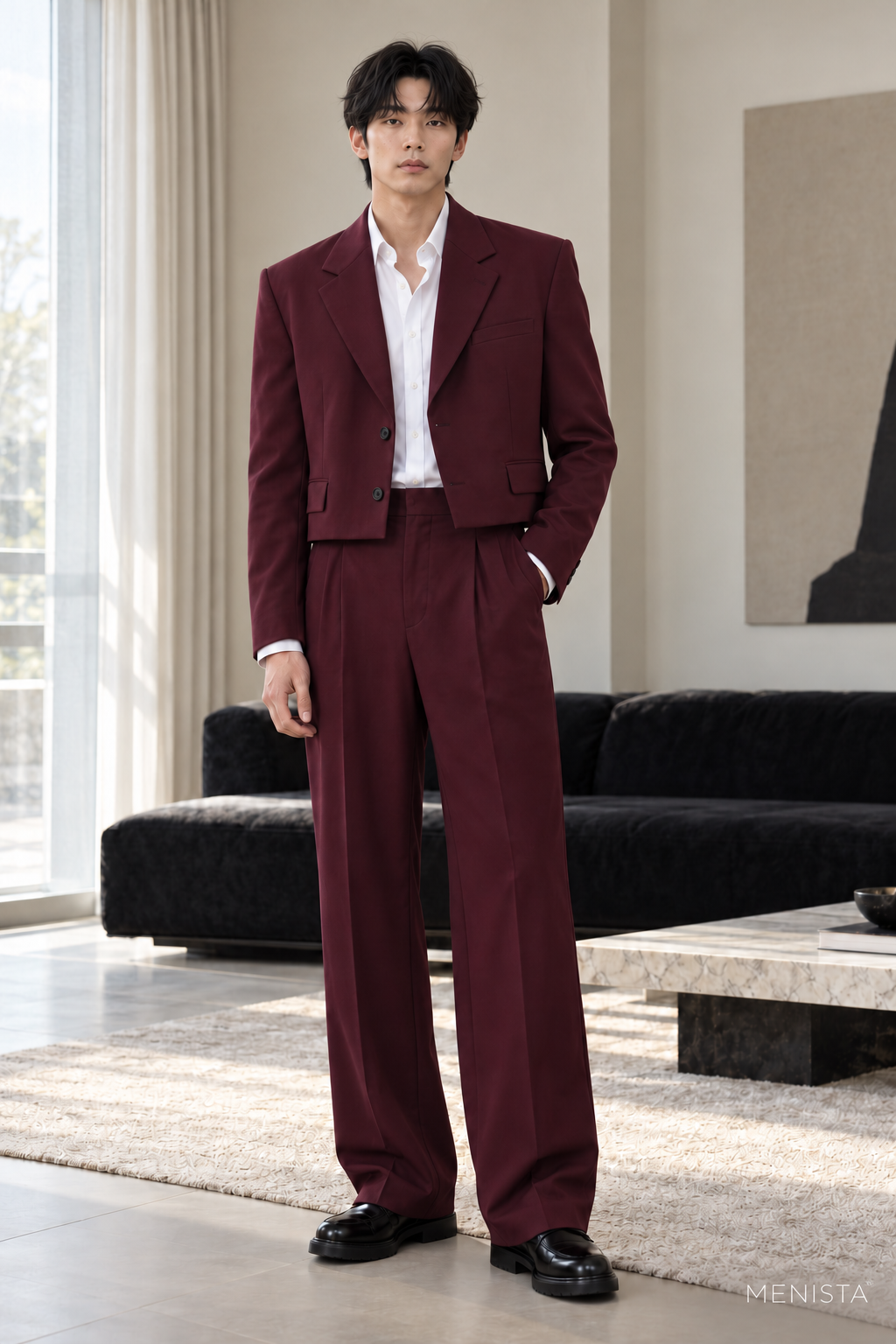 Leandro Burgundy Cropped Wide-Leg 2PC Suit - full-body front view