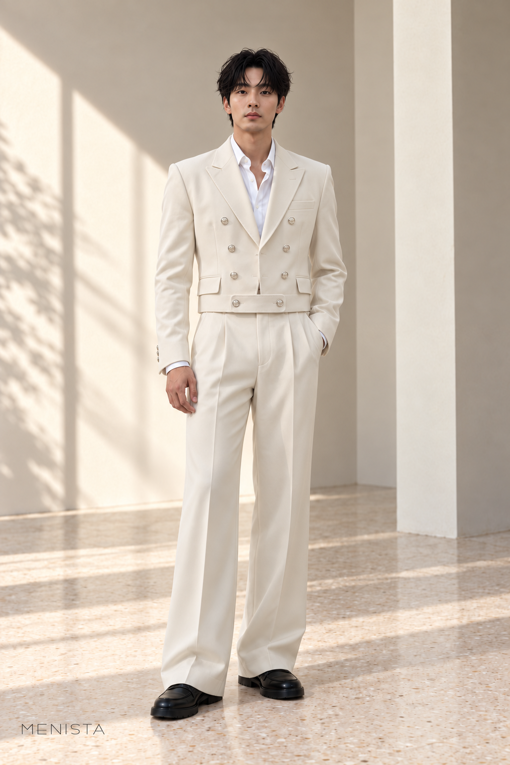 Corvin Ivory Eight-Button Cropped Double-Breasted 2PC Suit - full-body front view