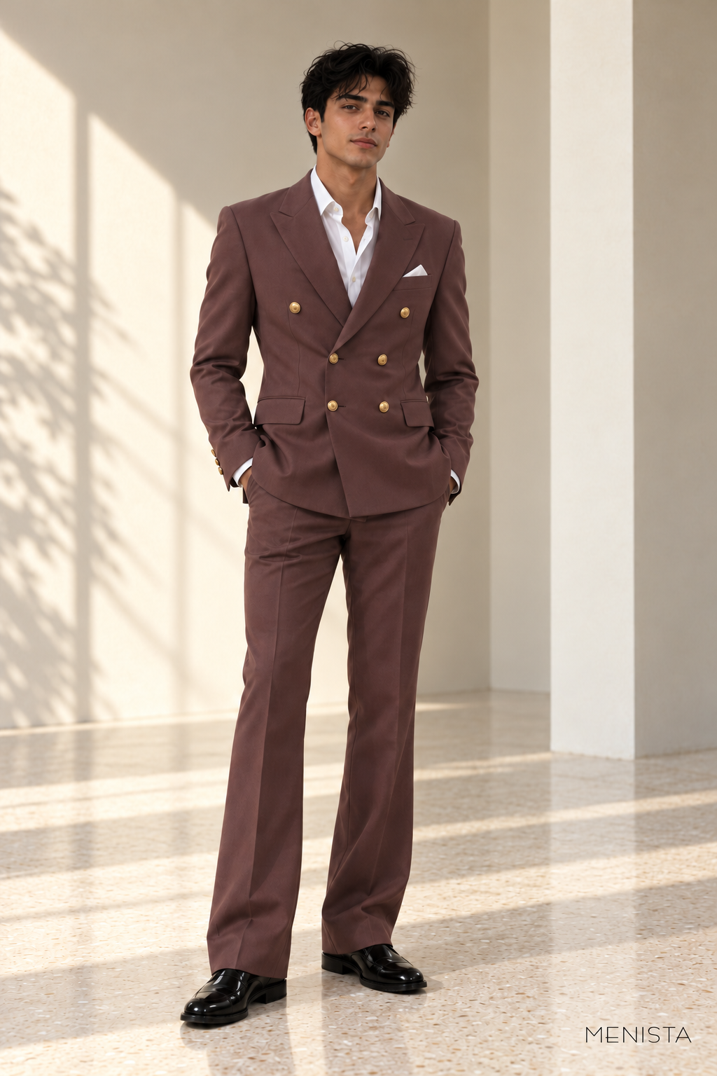 Gavriel Mauve Brown Gold-Button Double-Breasted 2PC Suit - full-body front view
