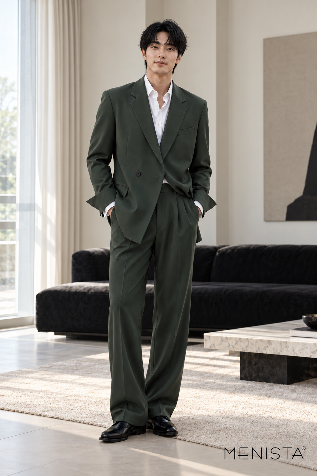 Isandro Forest Green Wrap-Front 2PC Suit - full-body front view