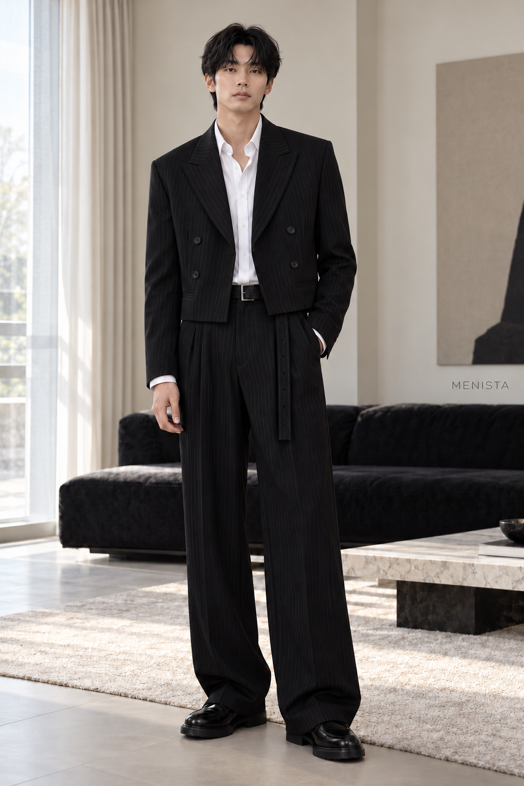 Jovian Black Pinstripe Cropped Double-Breasted 2PC Suit - full-body front view