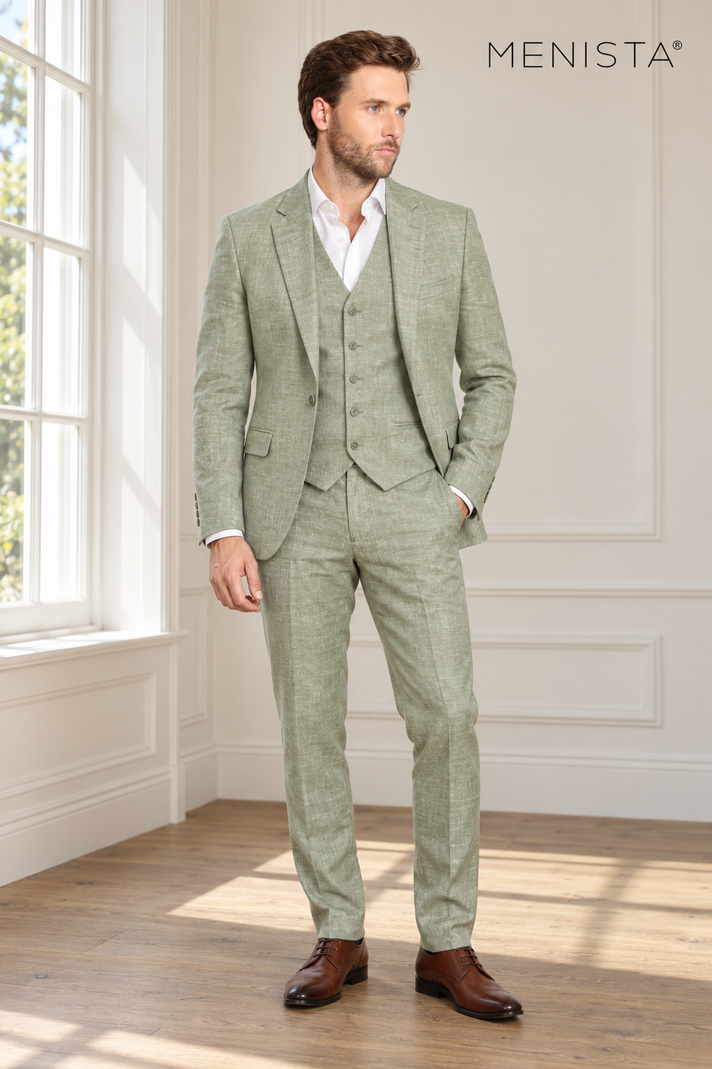 Salvia Sage Mist 100% Linen 3PC Suit — full-body front view