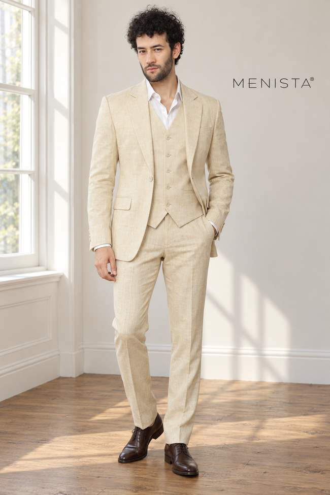 Solaro Light Cream 100% Linen 3PC Suit — full-body front view