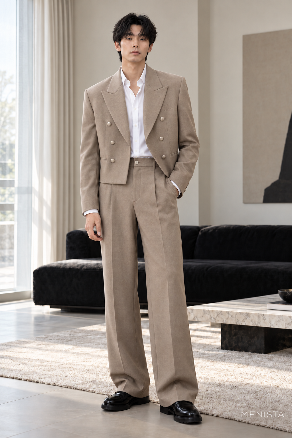 Emric Taupe Cropped Double-Breasted 2PC Suit - full-body front view