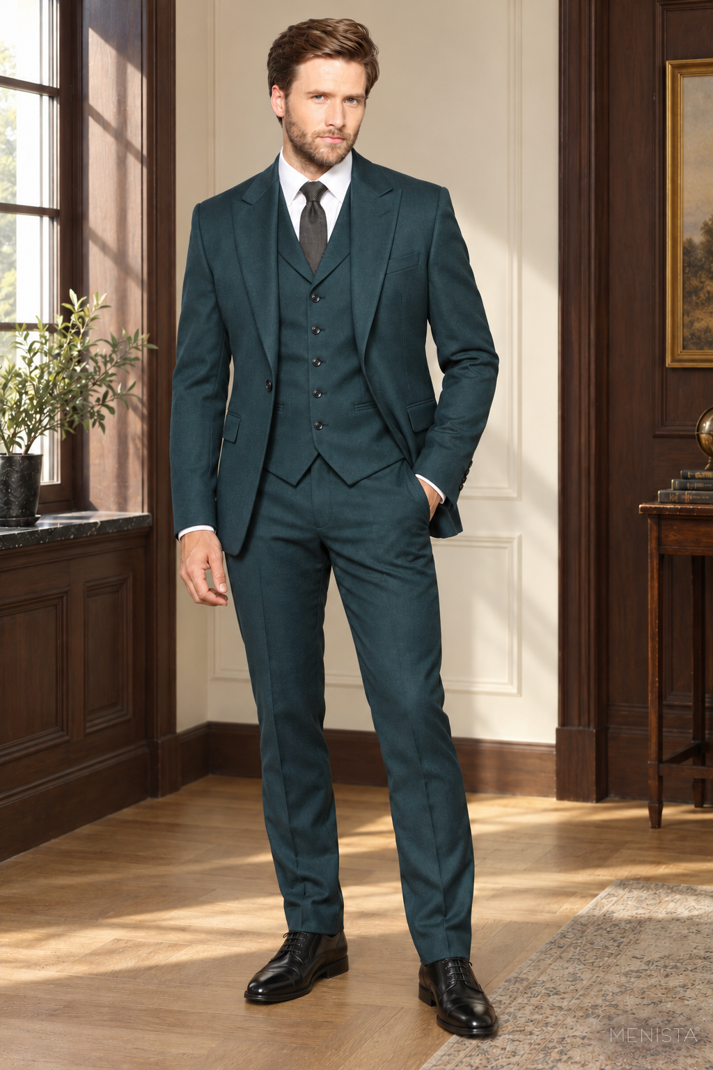 Silas Deep Teal Wool Twill 3PC Suit — full-body front with notched-collar waistcoat and matching trousers