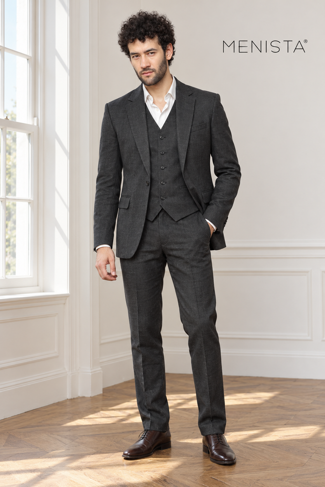 Ombra Dark Charcoal 100% Linen 3PC Suit — full-body front view