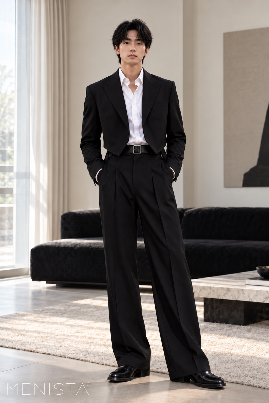Avenor Black Angular Cropped 2PC Suit - full-body front view