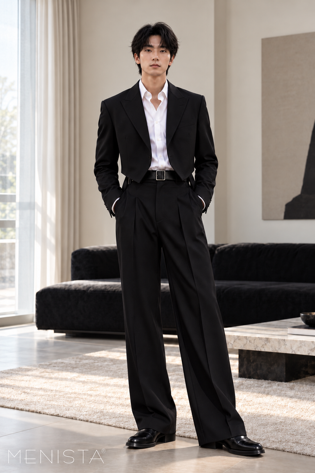 Avenor Black Angular Cropped 2PC Suit - full-body front view