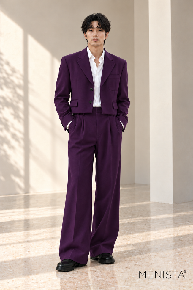 Oren Dark Purple Cropped Wide-Leg 2PC Suit - full-body front view
