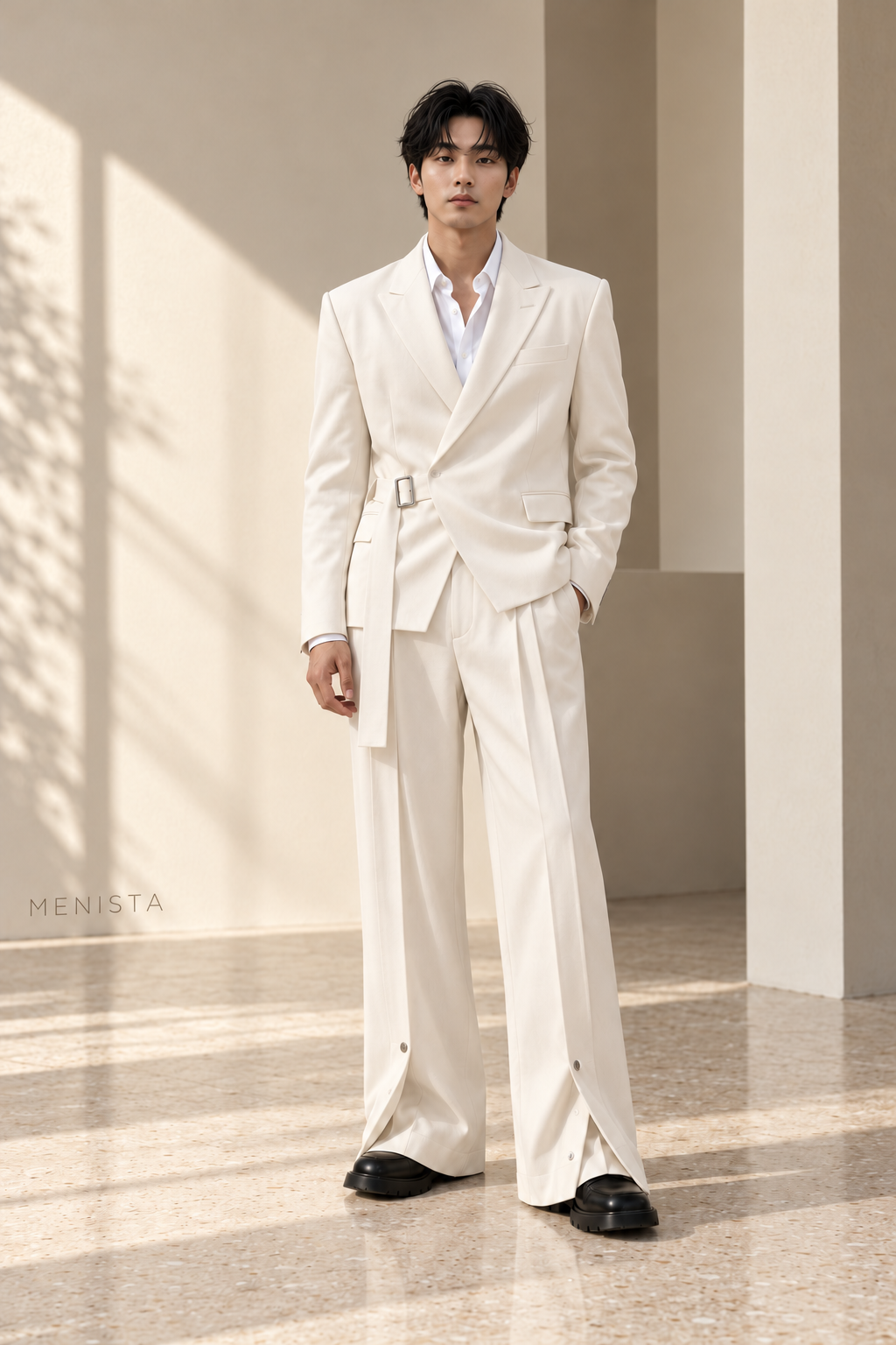 Nerian White Buckle-Wrap Wide-Leg 2PC Suit - full-body front view